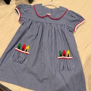 Stitchy Fish 3T Blue Gingham Dress with Crayon Pockets - school dress